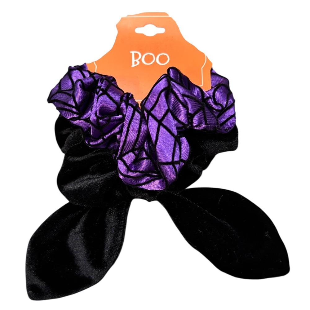Halloween Hair Scrunchie Black Velvet Purple Web Bow Target Boo‎ Spooky Cute NEW